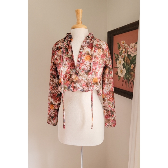 70s Floral Long Sleeve Tie Neck or Waist 1970s Feminine Bohemian Vintage Blouse - Picture 9 of 16